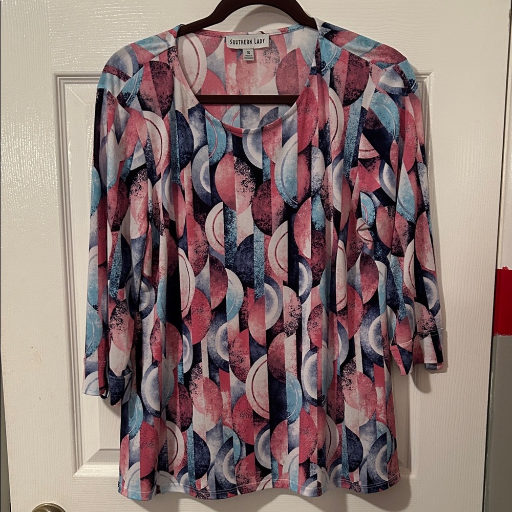Southern Lady Pink and Blue Geometric Tunic Top